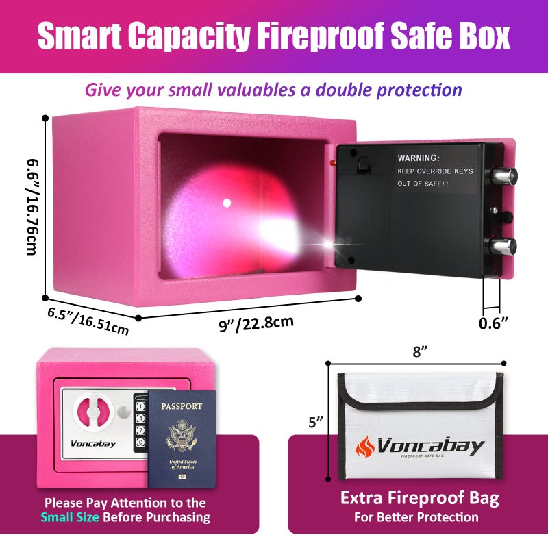 Voncabay Cute Money Safe Box for Home with Sensor Light & Fireproof Money Bag for Cash Safe  Security Safe Box for Money Safe with Keys & Pass Code  Lock Box Fireproof Pink Safe with Digital Keypad - Image 5